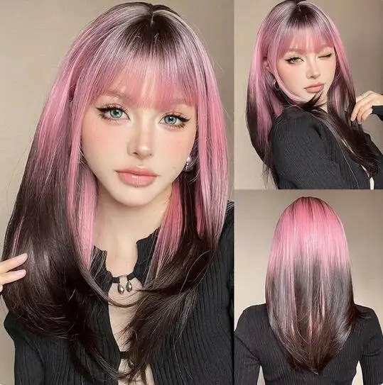 

Long Straight Layered Wigs with Bangs Ombre Black to Pink Purple Synthetic Wig Cosplay Lolita Wig for Women Heat Resistant Fiber