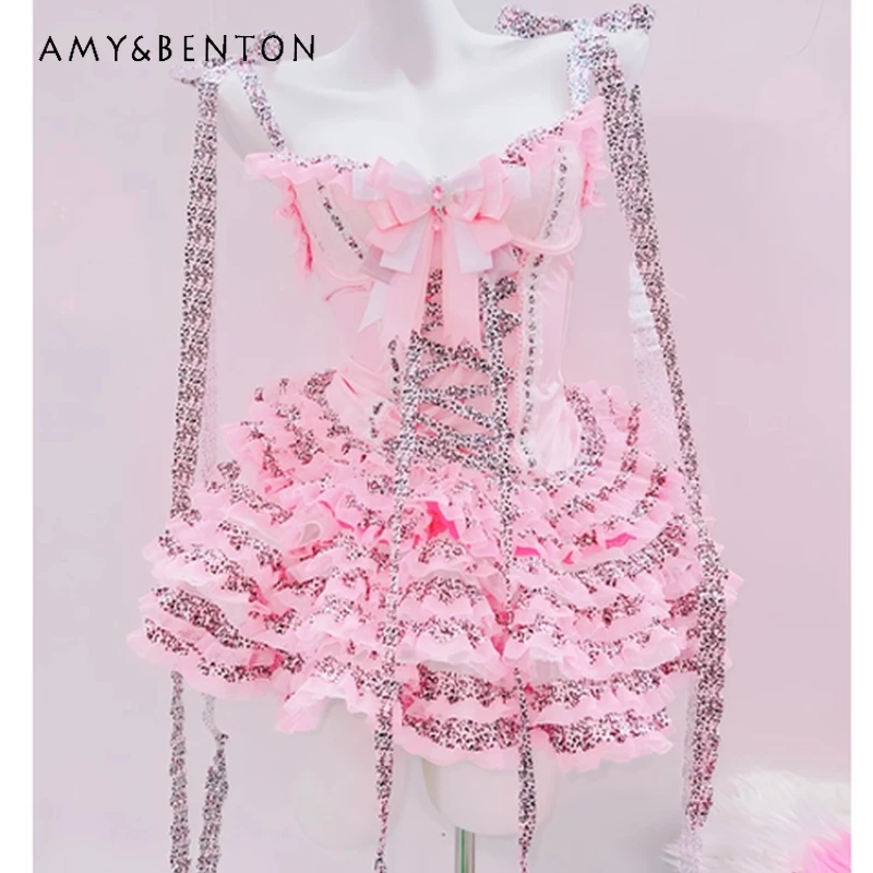 

Punk Design Sweet Retro Pink Leopard Print Bow Splicing Women's Tube Top 2025 Autumn New Sexy Lolita Puff Skirts Sets Ladies