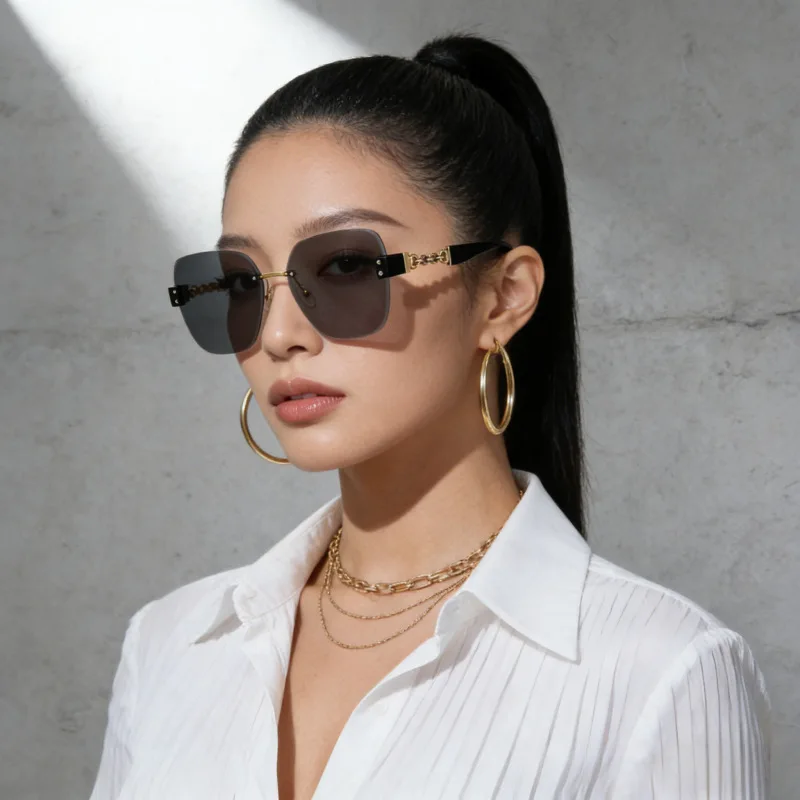 Luxuriöse Rahmenlose Modische Damen-Sonnenbrille, Personalisiertes Design mit Kettenbügeln, Retro-Sonnenbrille, Hochwertige Casual-Sonnenbrille