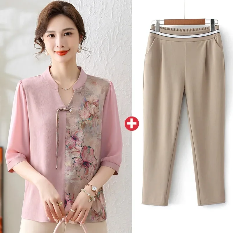 

2025 Female V-neck Chiffon Blousees Middle Aged Mother Fashion Large Size 5XL Shirt Coat Summer Lady Seven Divide Sleeve Blouse