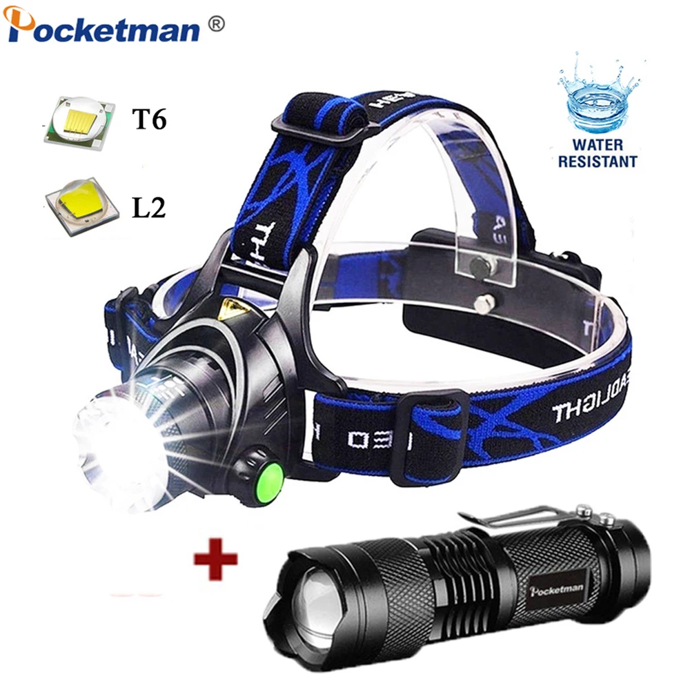 

LED Headlamp+Mini Flashlight Set Powerful DC Rechargeable 18650 Headlight Zoomable Flashlight Waterproof Flashlight Head Lamp