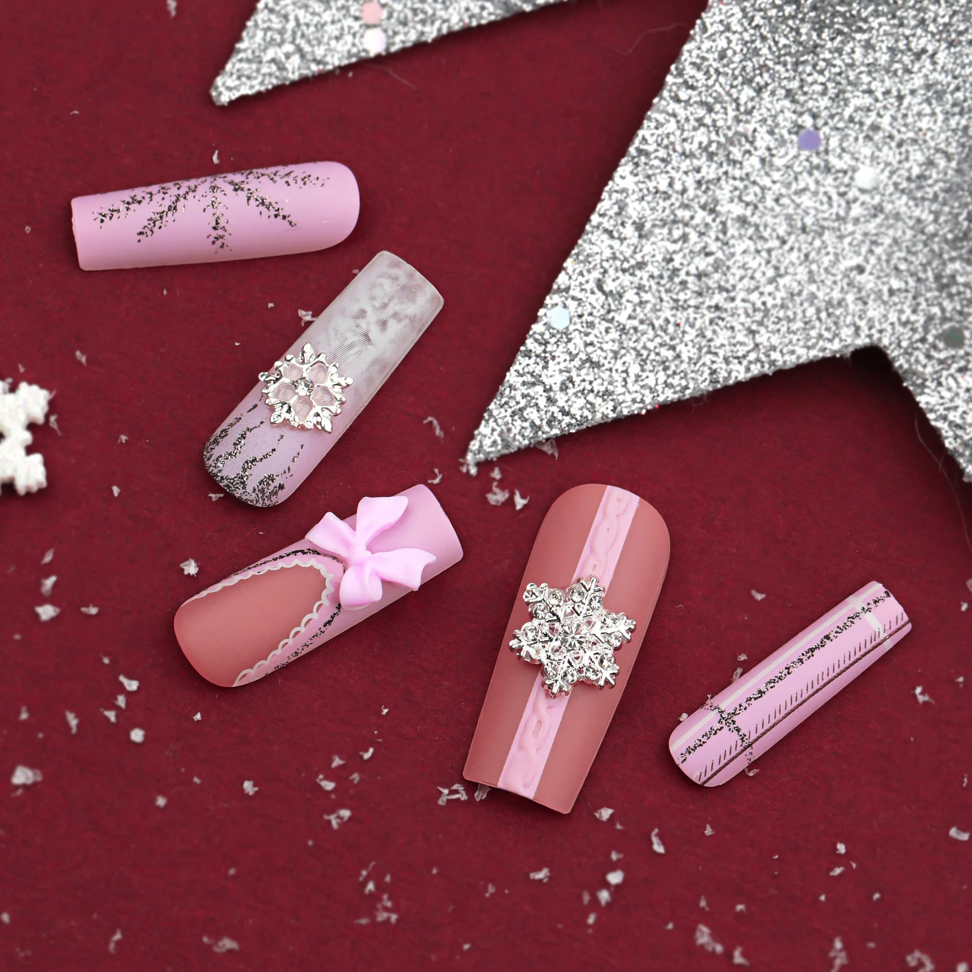 24pcs 3D Snowflake Design Long Fake Nails Matte Pink French Press on Nails for Girls Full Cover Wearable Christmas False Nails