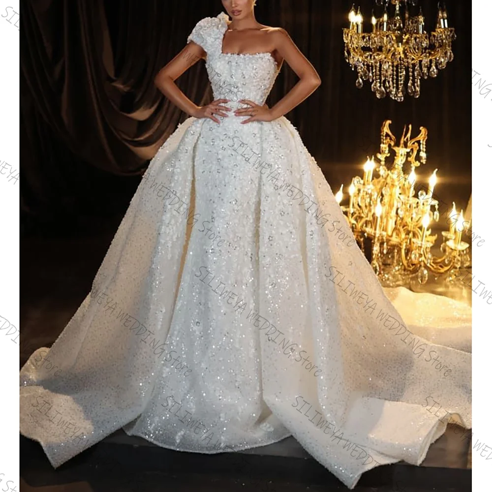 

Luxury Pearl Embroidery One-shoulder Floor-length Evening Dress With Train Female Formal Party Prom Gown Vestidos De Fiesta