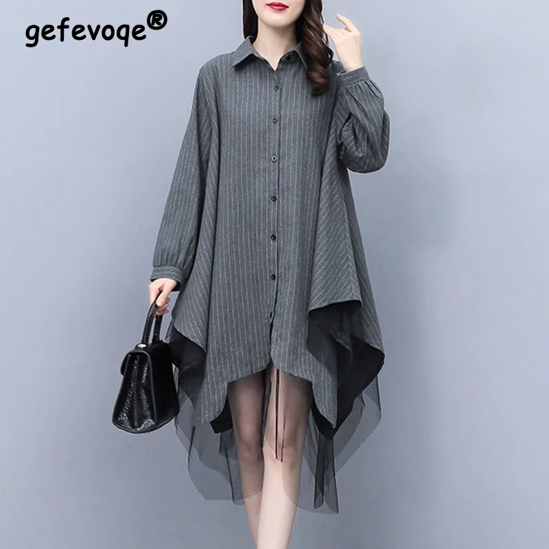 New Women Clothing Autumn Stylish Striped Print Mesh Patchwork Dresses Korean Elegant Long Sleeve Oversize Irregular Shirt Dress