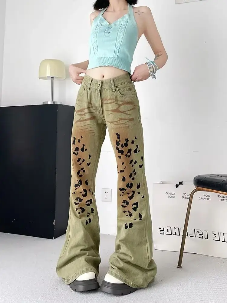 Mode Slanke Hoge Taille Vrouw Jeans Casual Gedragen Luipaard Patroon Rechte Broek Vrouwelijke Chic Y2k Amerikaanse High Street Vrouwen Jeans