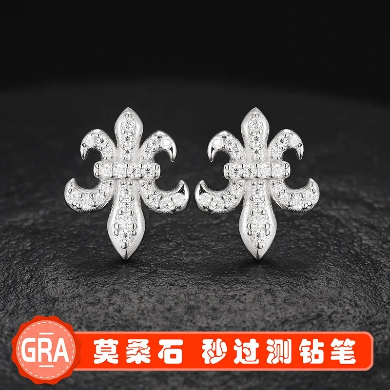 

S925 silver moissanite stud earrings light luxury Internet celebrity design sense high retro sense anchor stud earrings fashion