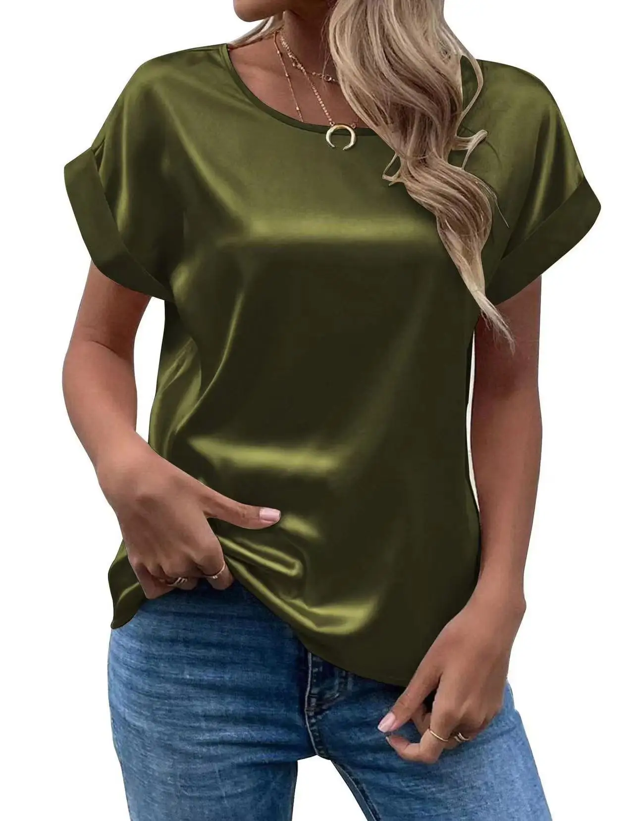 Women Summer Satin Silk Shirts Elegant Loose Office Lady V Neck Short Sleeve Tops Solid Commuter Blouses Rose Gold Green T Shirt