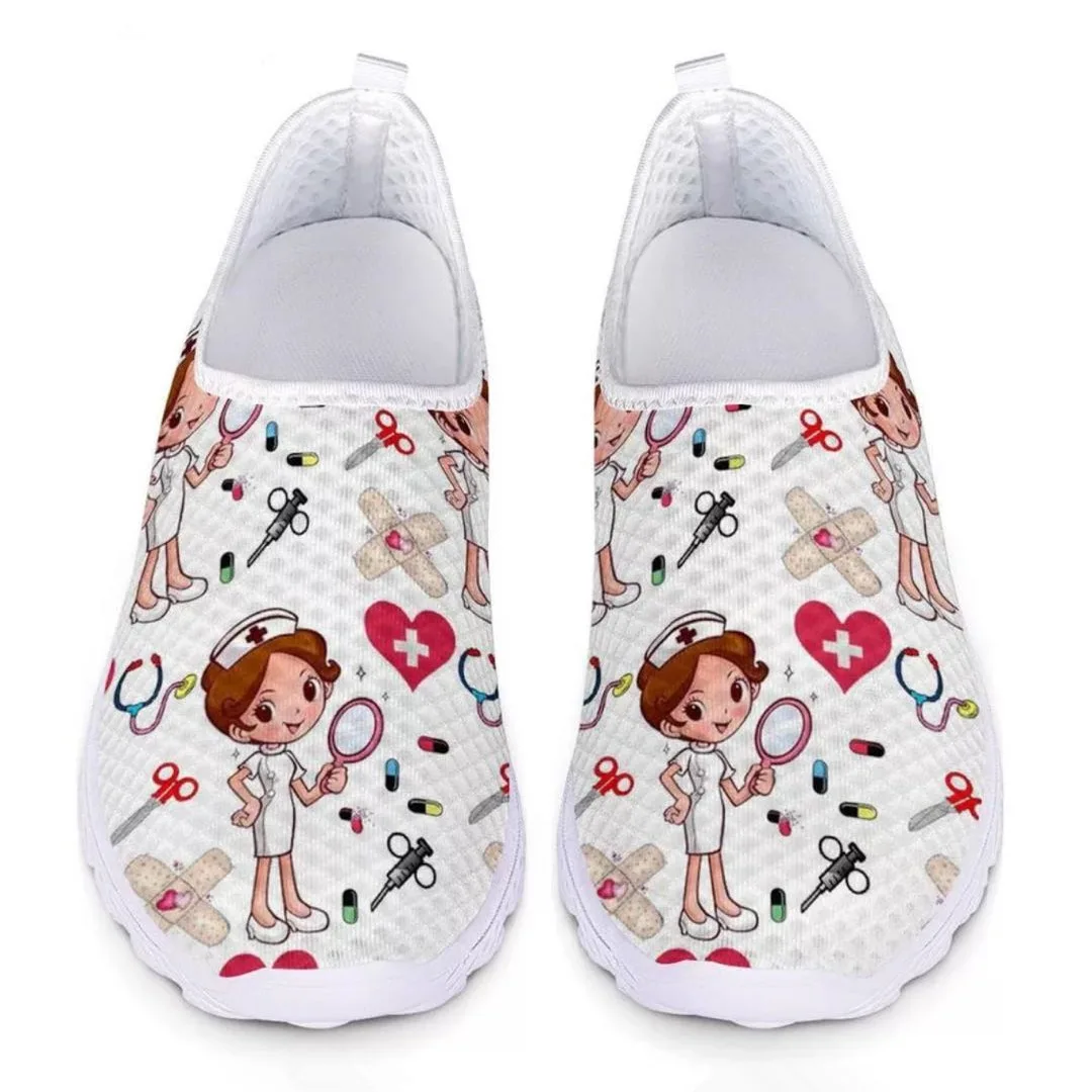 Women Sweet Cute Cartoon Nursing Doctor Printed Flats Shoes Casual Summer Slip on Sneakers Lightweight Nurse Ladies Shoe Loafers