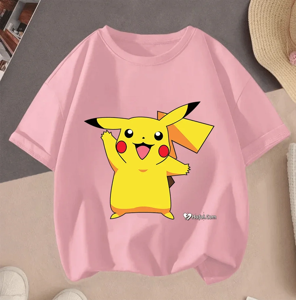 

2026 Pikachu 2D Cartoon Hot Sale Print Casual Summer Short Sleeve Tops For Teenagers Children Boys Girls