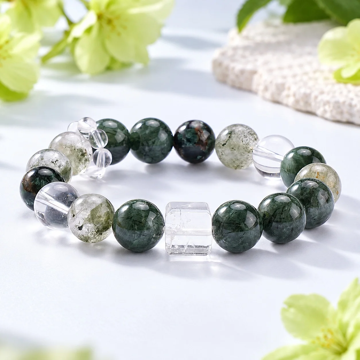 Round Bead Bracelet Hand-Strung Beads Green Phantom Quartz Green Rutilated Quartz Unisex Travel Souvenir Gift