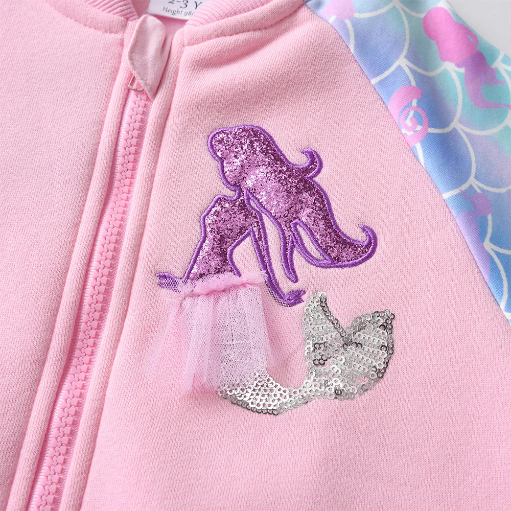 VIKITA Kids Cotton Casual Sports Jackets Kids Mermaid Appliqued Cartoon Coat Girls Zipper Outwear Children Pink Jacket and Coat