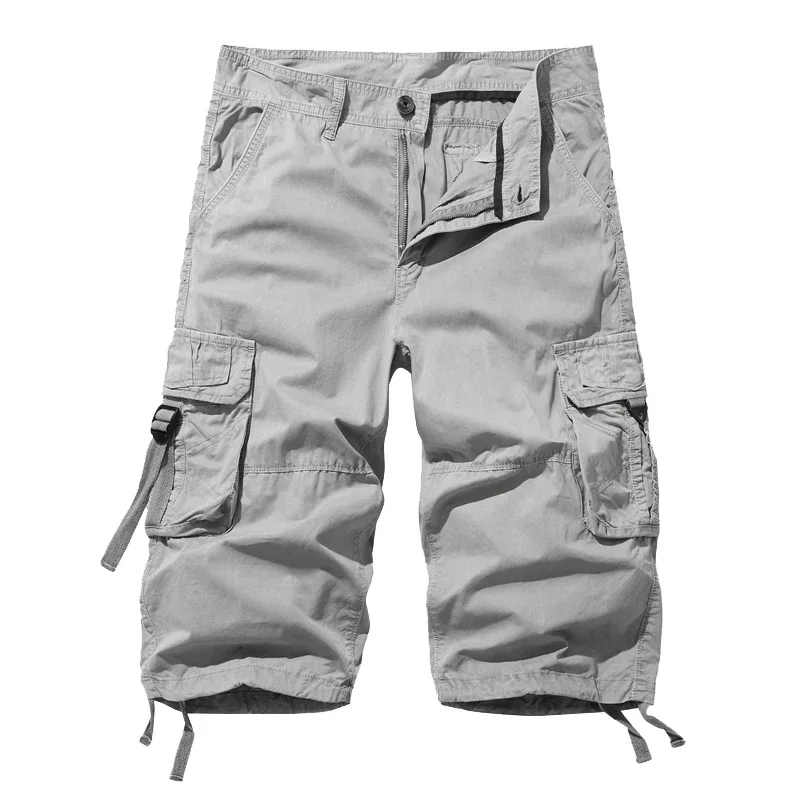 New Loose Large Size Cargo Shorts Cotton Men\'s Tactical Casual Shorts Solid Color Patchwork Military Shorts White Knee Length