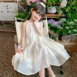 2026 Summer White kid baby party mesh princess Girls Floral Mid Long lace Teenager suspender layered slip dress 6 8 10 12 Years