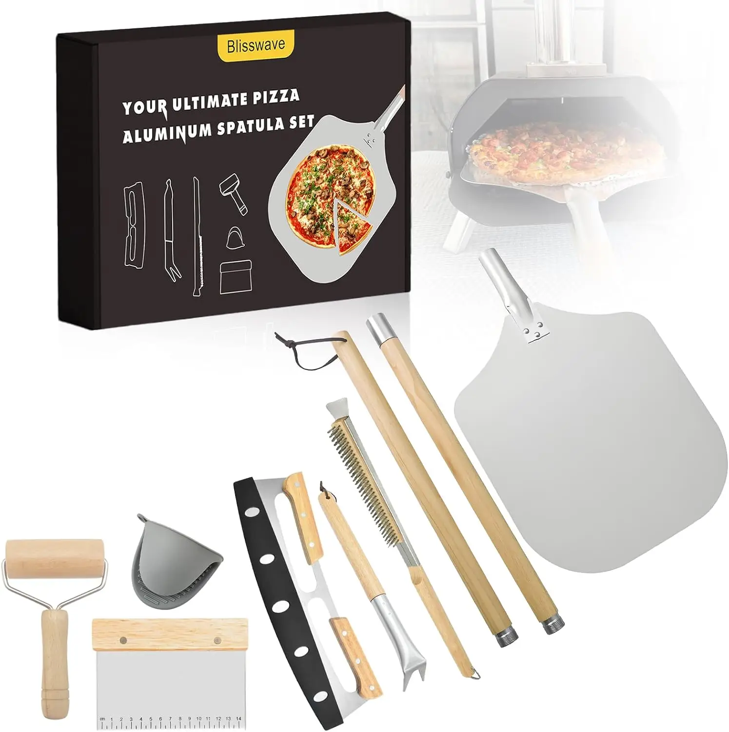 

Набор аксессуаров для духовки для пиццы из 7 предметов идеально подходит для изготовления пиццы. Предприятия лопатки для пиццы, кисть для духовки, пузырьковый дефор Поппера