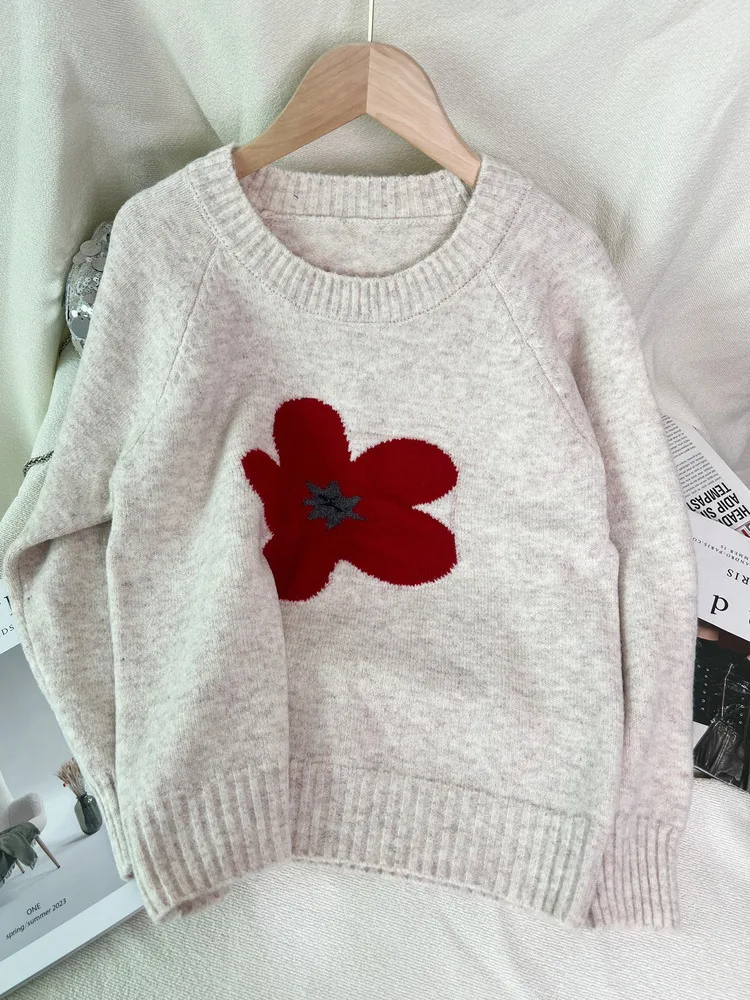 

2025 Autumn Winter Floral O-neck Pullover Women Korean Fashion Casual Sweaters Female Long Sleeve Warm Knitted Clothing