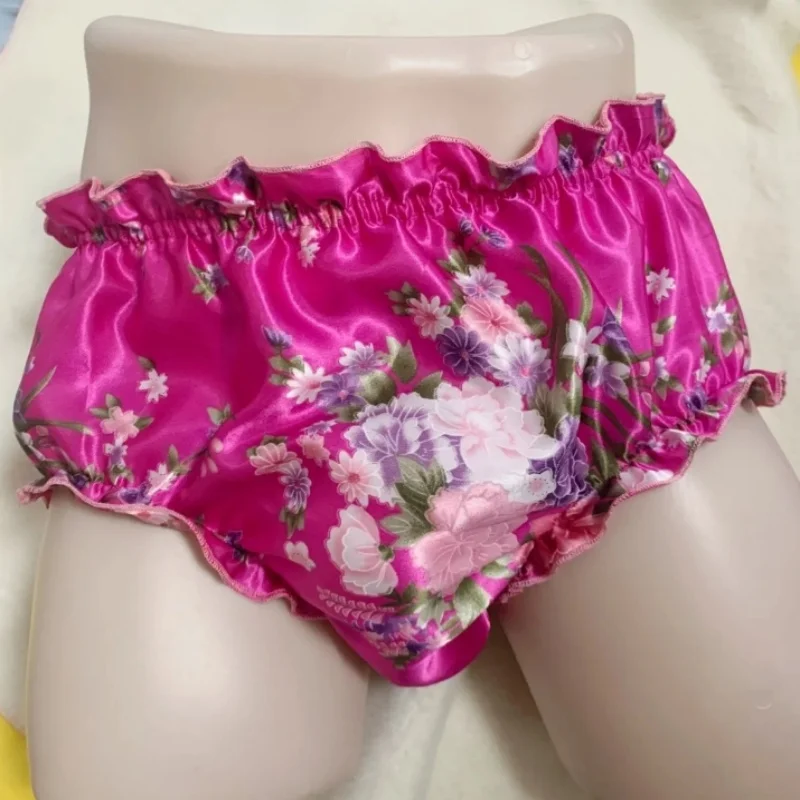 

Man Sexy Glossy Satin Floral Panties Sissy Silky Touch Elastic Waist Ruffled briefs BF Live Show Dance Party Private Panty