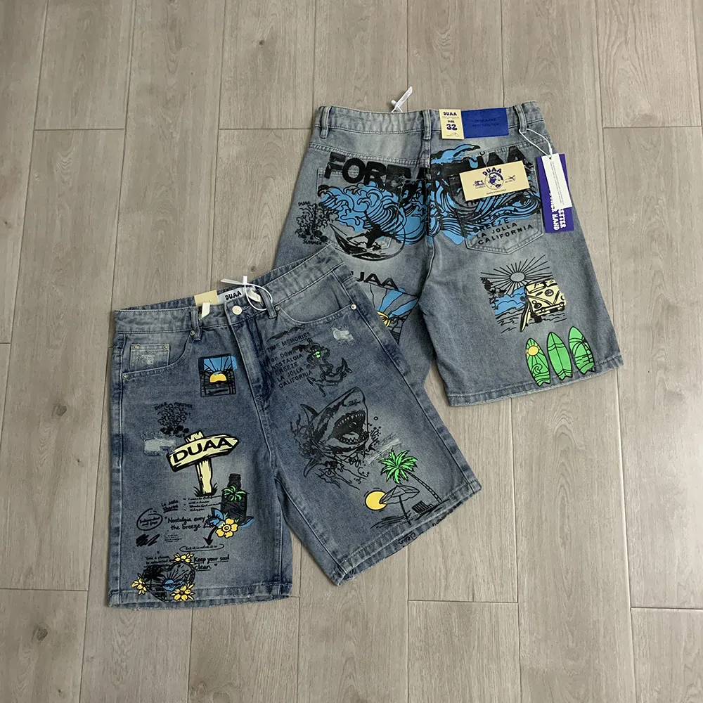 High Street Distreed Hole Washed Blue Baggy Denim Shorts for Men Straight Retro Casual Loose Jeans Five Point Pants