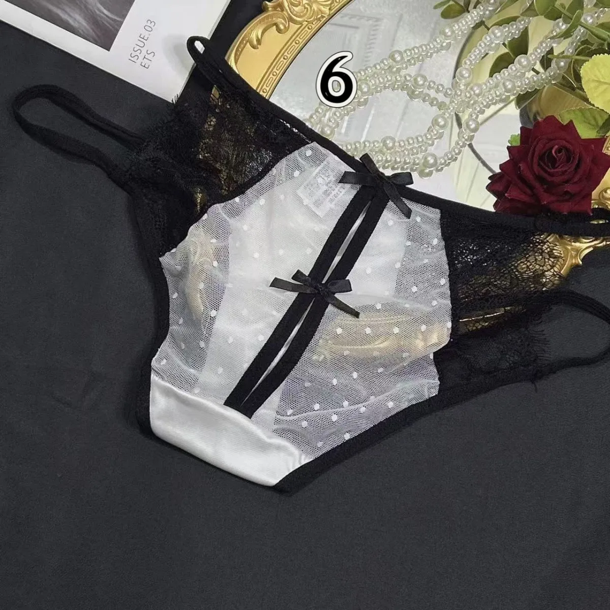 Ropa interior sexy de encaje negro para mujer, pantalones triangulares huecos sexys de satén