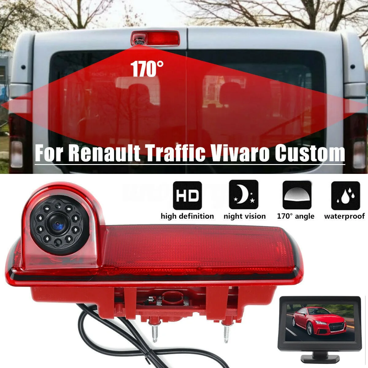 170 degree Backup RearView Camera Brake Light & 4.3Inch Monitor for Renault Trafic Opel/Vaxhall Vivara Custom 2014