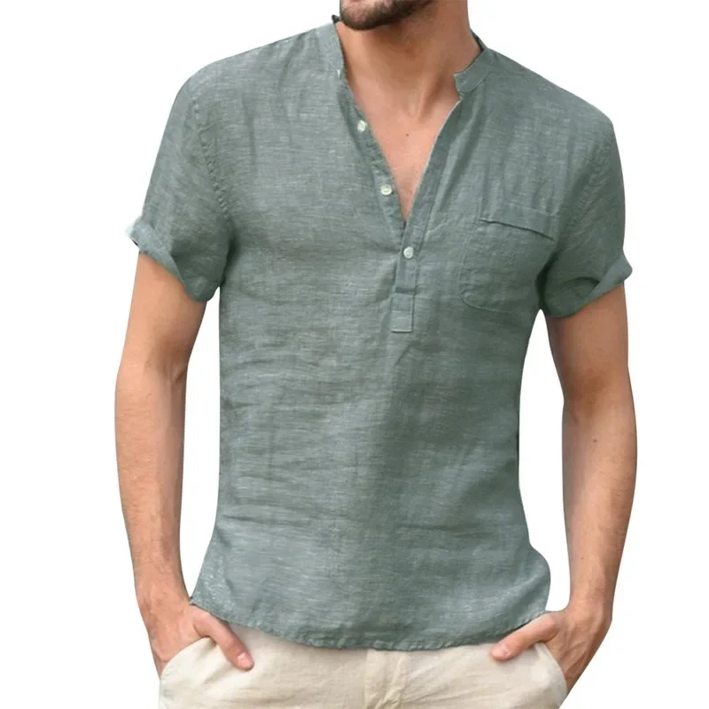 

High Quality New Men'S Linen V Neck Bandage T Shirts Male Solid Color Long Sleeves Casual Cotton Linen Tshirt Tops