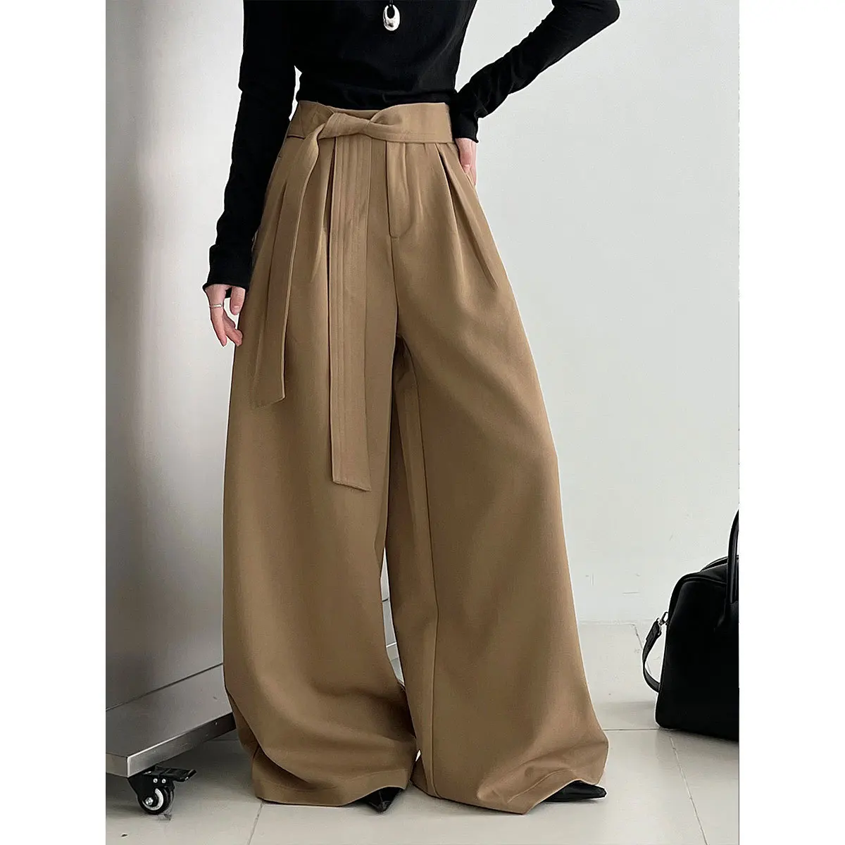 Women Solid Wide Leg Pants Lace Up Trousers Pleats Full Lenth High Waist Zipper Straight Loose Office Lady Casual 2026 Spring