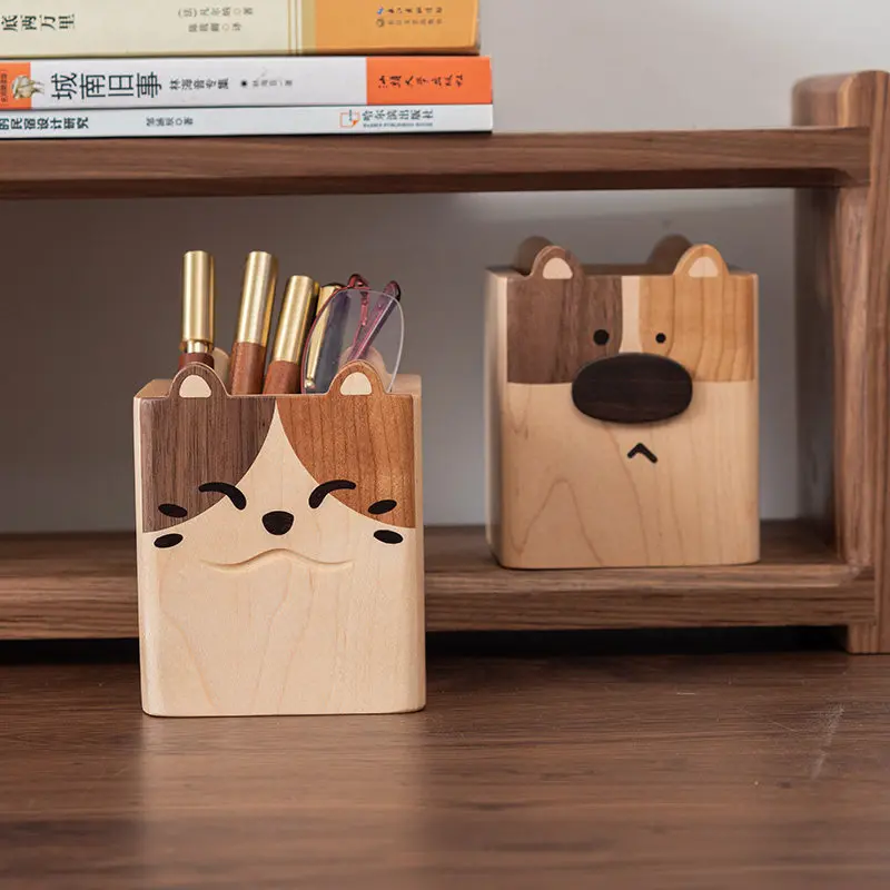 cute-cartoon-animal-wooden-pen-holder-desktop-storage-box-creative-office-stationery-organizer-dog-dual-purpose-storage-c