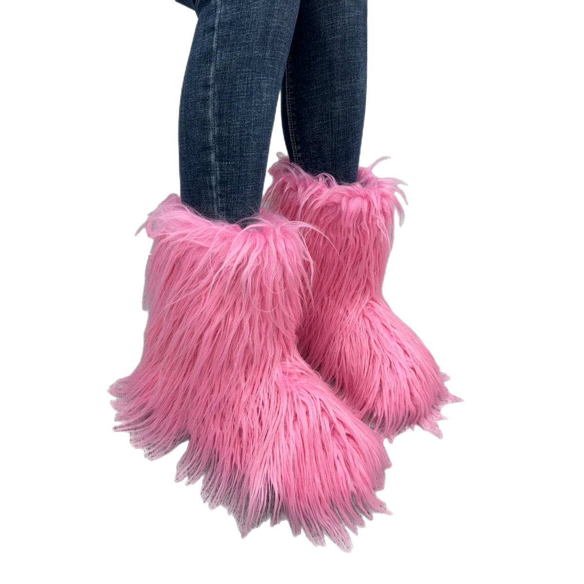 Women Winter Warm Fluffy Faux Fur Boots Luxury Designer Faux Fur Mid-Calf Boots Girl\'s Fashion Long Hair Outdoor Boots Wholesale