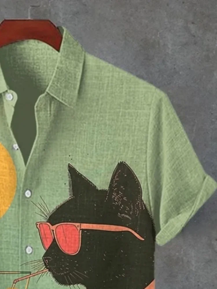 Men's Sunset Cool Kimono Cat Vacation Art Print Casual Shirt Orange Printed Japanese Style Outwear Summer Short Sleeve Tops Chic