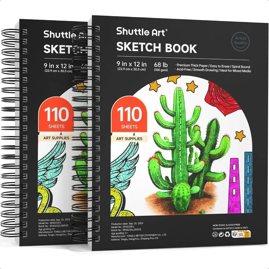 

Shuttle Art 9x12 Sketchbook 220 Sheets Total Pack of 2 110 Sheets Each 68lb 100gsm Thick Paper Spiral Bound Mixedmedia Sketch P