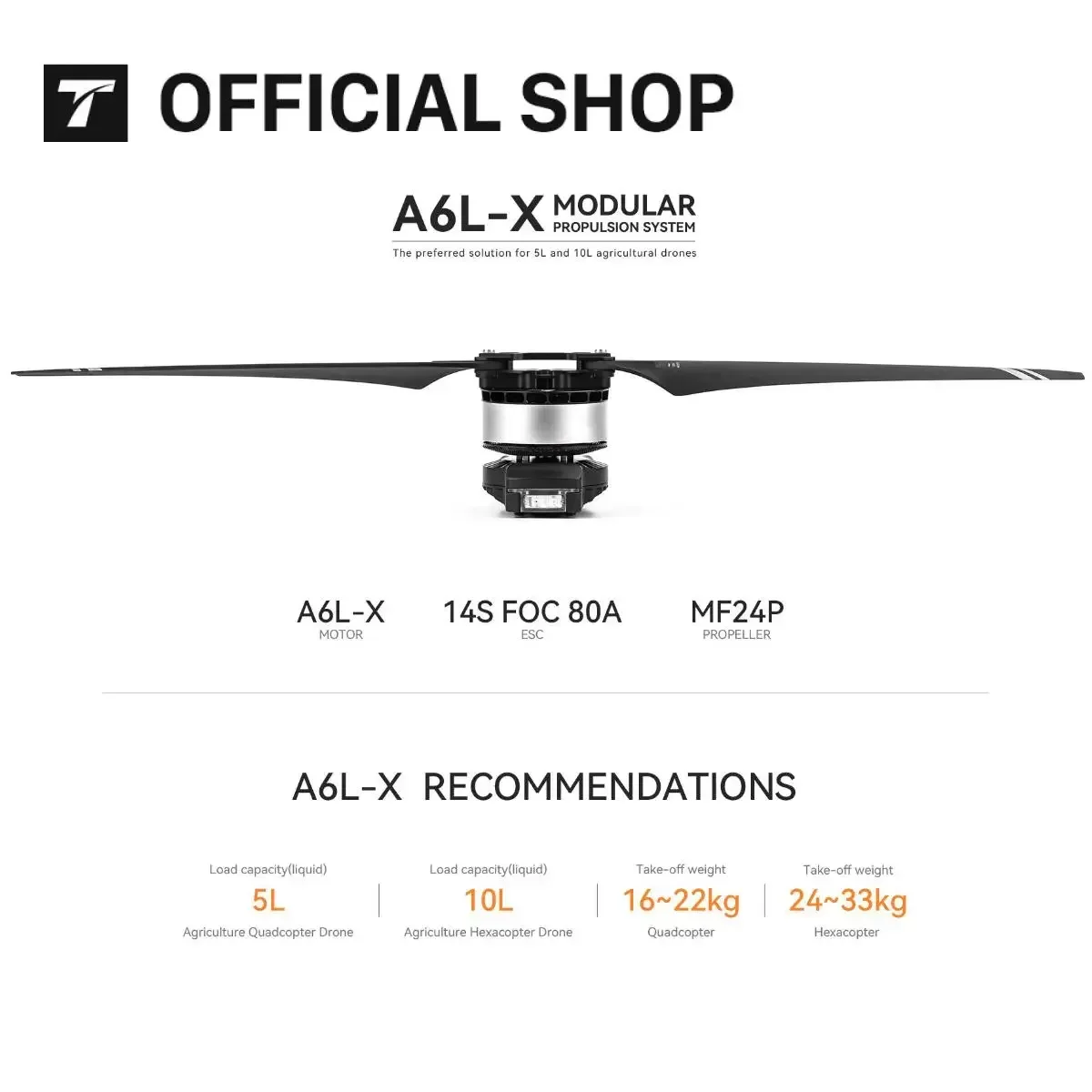 T-MOTOR A6L-X-KV160 12~14S 5L-10L Load Capacity High Efficiency Waterproof Outrunner Motor for Heavy Load Agriculture Drone