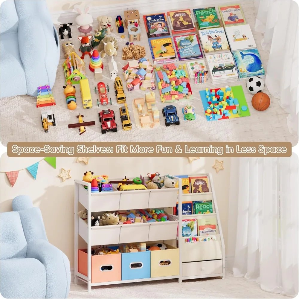 منظم كتب ولعبة للأطفال على طراز مونتيسوري مع 3 أرفف و10 صناديق لغرفة اللعب