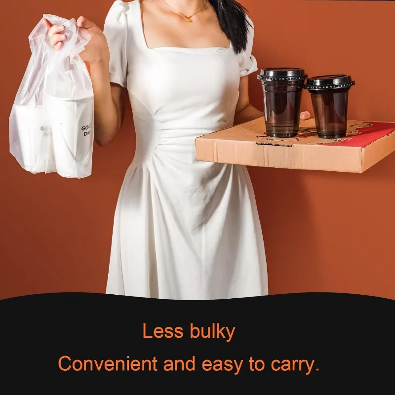 100 Pack Portable 1-Cup Drink Carrier - Clear Plastic Cup Holder w/Handle for Coffee/Tea/Juice, Take Out Bags for Restaurants