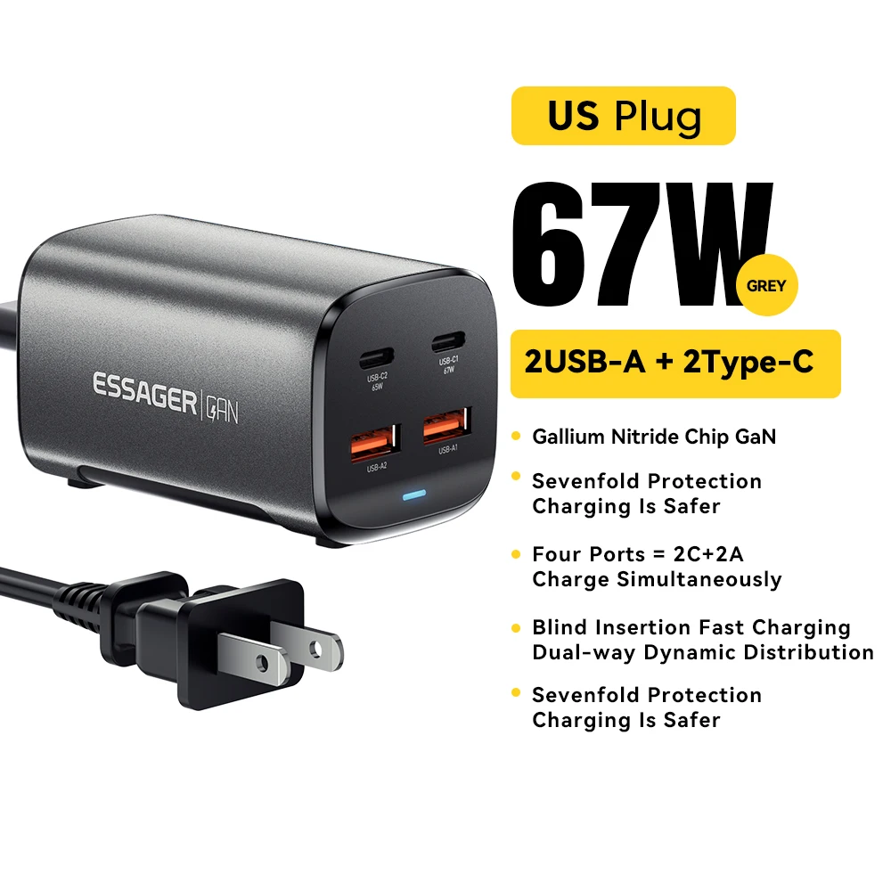 Essager 67 W USB C GaN Ladegerät Desktop Quick Charge 4.0 QC 3.0 PD Typ C Schnellladung für MacBook Samsung POPC iPhone 15 Laptop 3