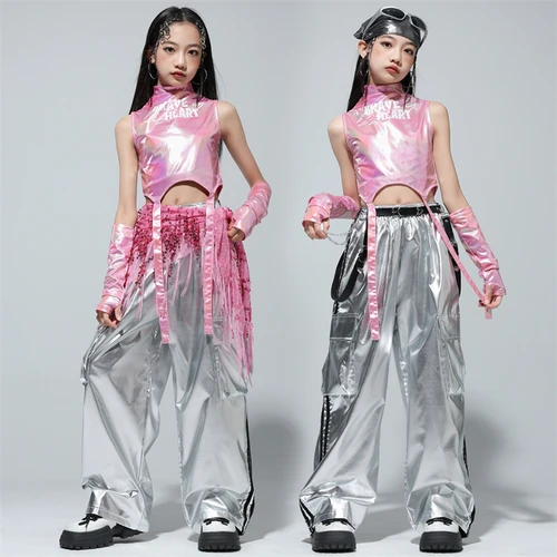 Imagen 2 del producto Trajes de actuación de Jazz para baile callejero para niños, ropa de Hip Hop para niñas, traje de pantalón largo sin mangas brillante para pasarela y escenario