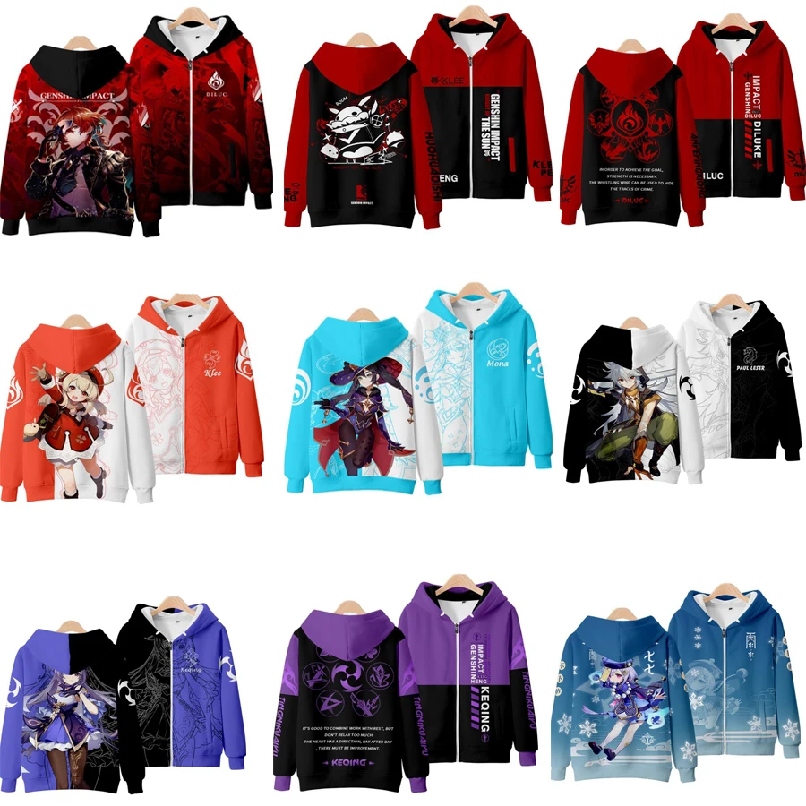 Genshin Impact Zipper Hoodies Cosplay Costume Hu Tao Klee Diluc Venti Keqing Raiden Shogun Kaedehara Kazuha 3D Hoodie Sweatshirt