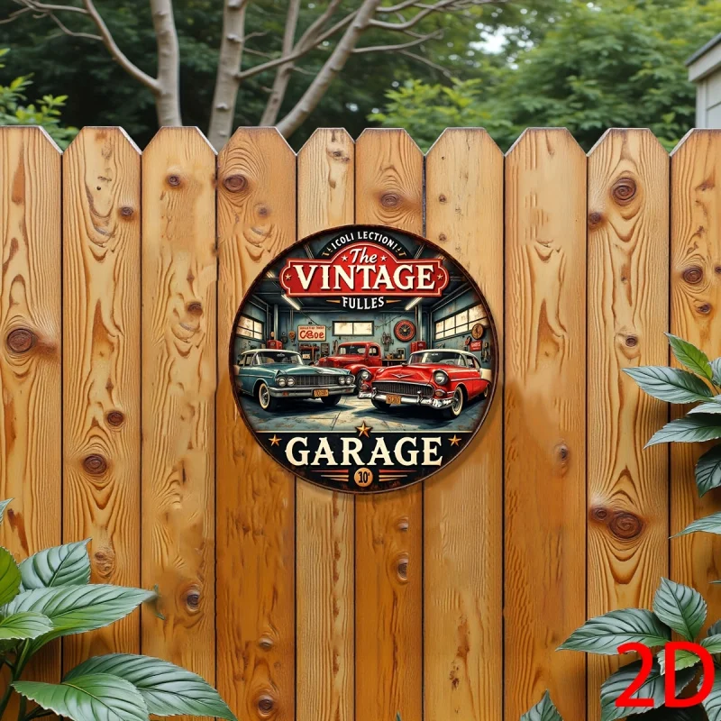 لوحة حائط مستديرة من الألومنيوم مسطحة عتيقة ثنائية الأبعاد - لافتة معدنية للمرآب القديم مع تصميم كلاسيكي للسيارات والأدوات، ديكور أمريكانا للحانات #5