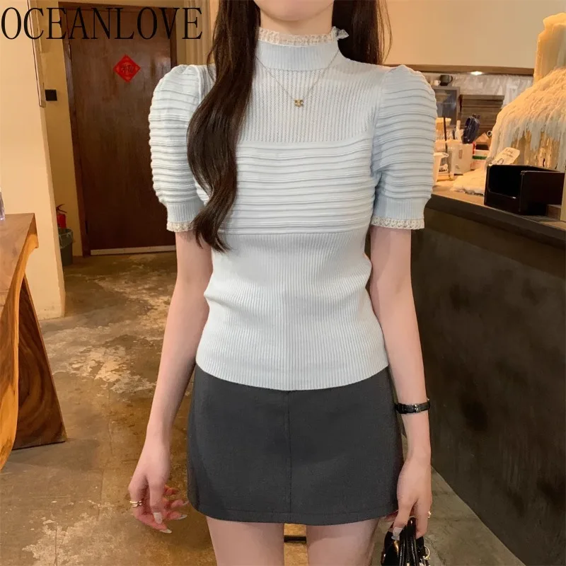 

OCEANLOVE Knitted T Shirt for Women Lace Ruffles Puff Sleeve Sweet Summer Ropa Mujer Korean Fashion Chic Half High Collar Tees