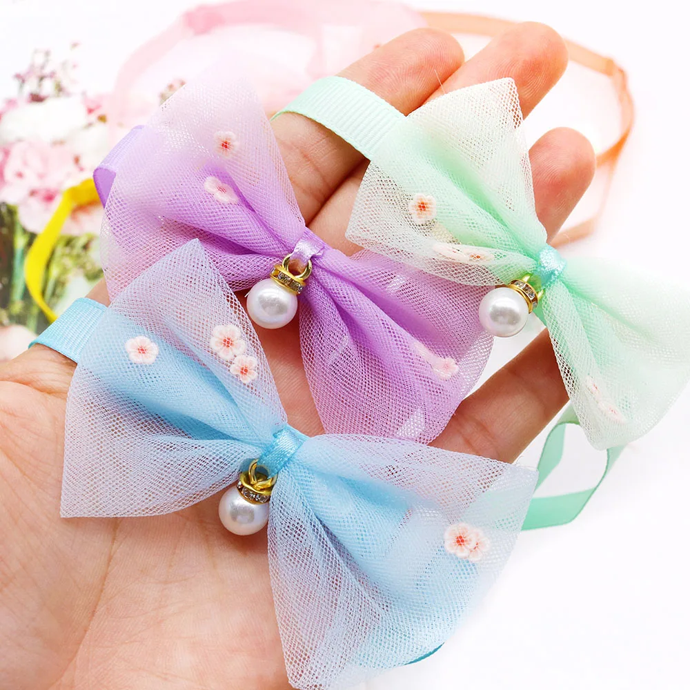 60pcs Spring Dog Bowties Cute Lace Pearl Bow Tie Neckties for Dogs Pets Adjustable Pet Grooming Dog Accessories For Small Dogs