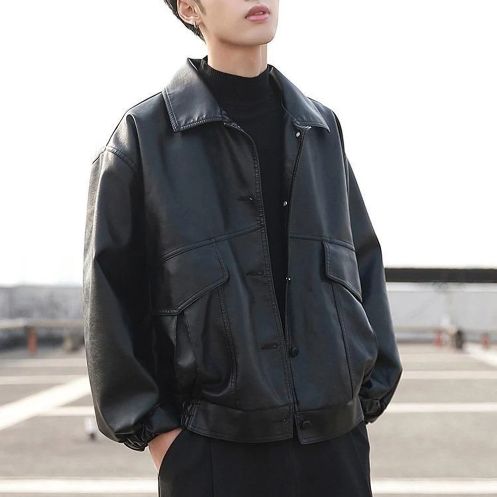 Mens Spring Thin Motorcycle Pu Leather Jacket Streetwear Plain Rider Youth Trendy Long-Sleeved Pu Bomber Jacket Men'S Wear 2026