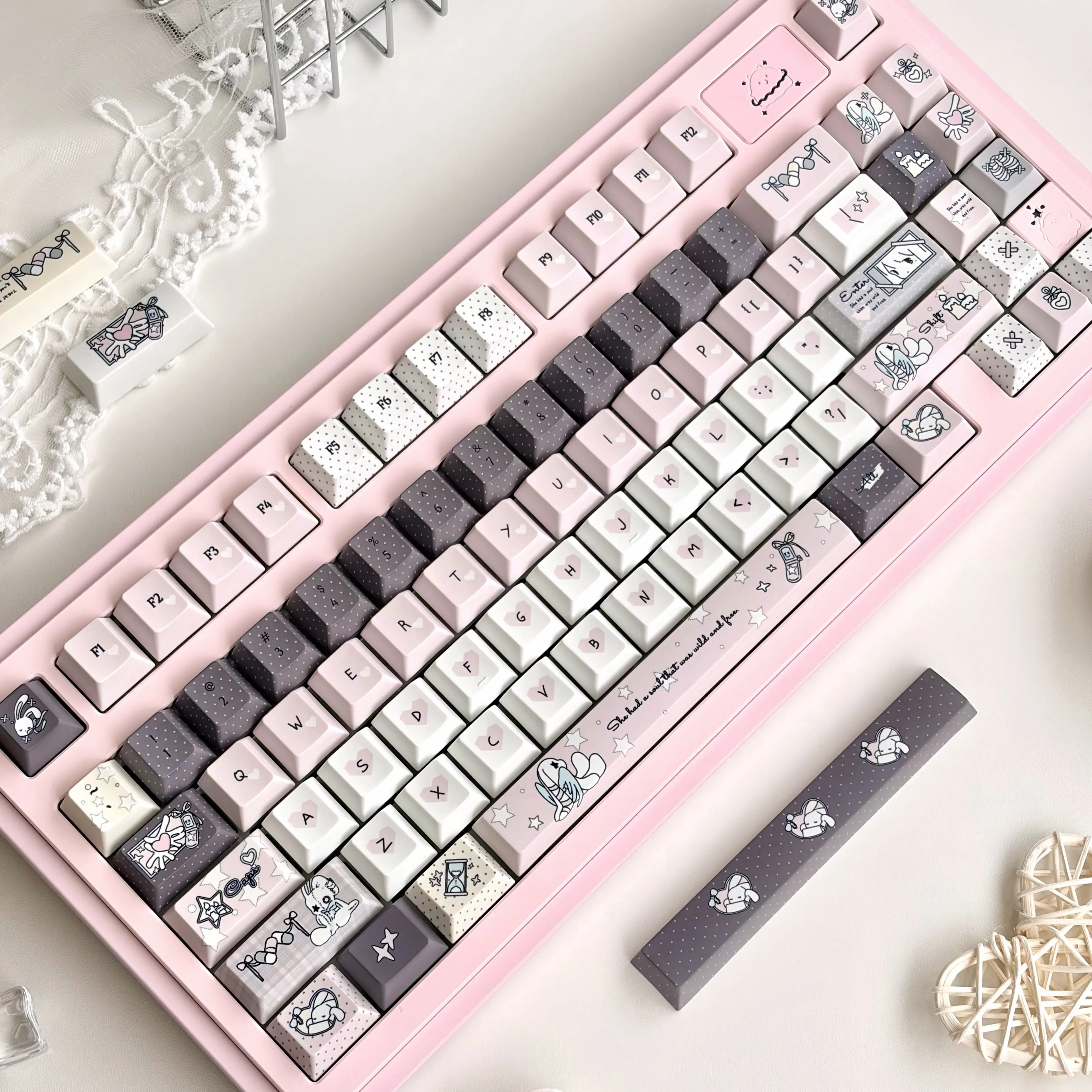 MAIMOOO Angel Bunny Keycaps Cherry Profile PBT Thermal Sublimation Custom Keycap MOA Pink Cute Rabbit Mechanical Keyboard Caps