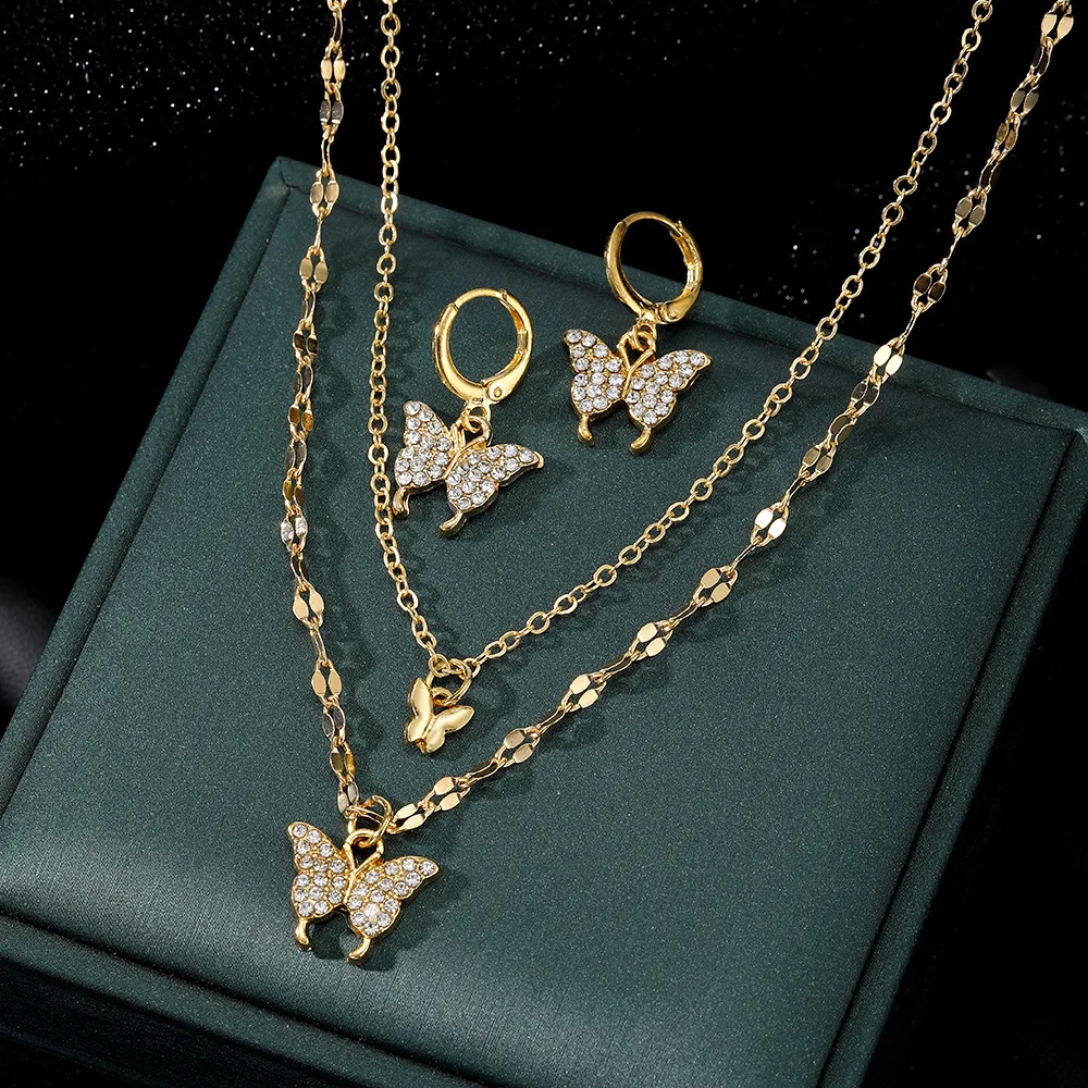 

Europe and America Fashion Tide Niche Design Inlay Zircon Double-Deck Butterfly Necklace Earring Two-Piece Set Paty Jewerly Gift