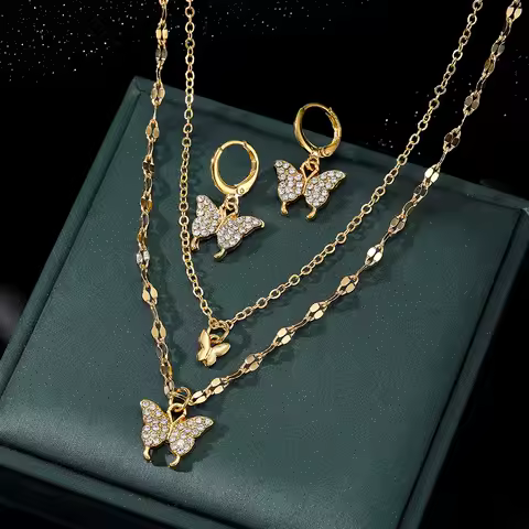 Europe and America Fashion Tide Niche Design Inlay Zircon Double-Deck Butterfly Necklace Earring Two-Piece Set Paty Jewerly Gift