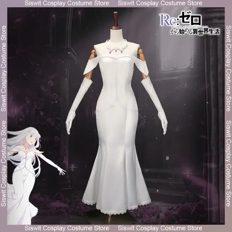 

Костюм для косплея Emilia, аниме Re Zero, маскировочный наряд, белое платье, женские перчатки для ролевых игр, ожерелье, полный комплект, карнавальное праздничное платье