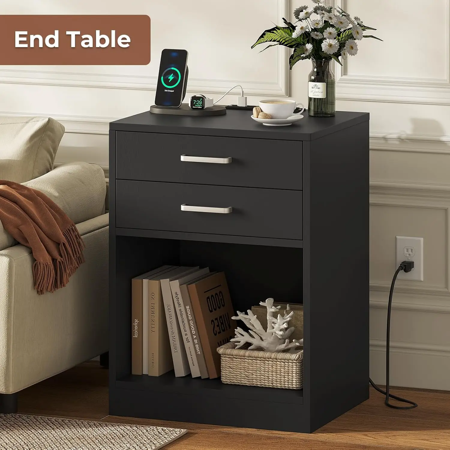 Night Stand Set 2,Black Nightstand with Charging Station & Drawers,Night Stands for Bedrooms Set of 2,Bedside Table with Drawers