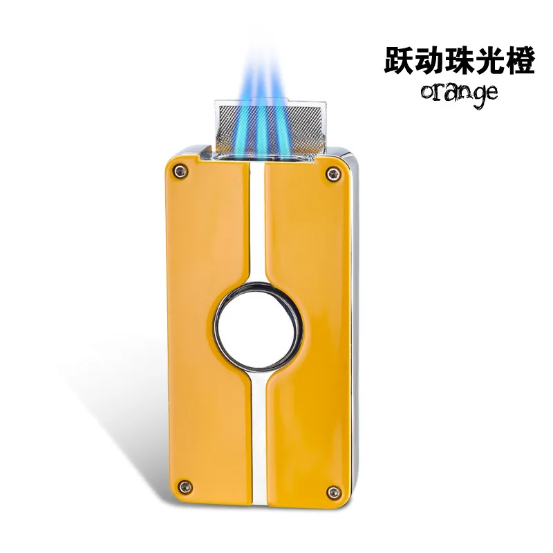 Three Flame Blue Torch Jet Lighter, Windproof Metal Butane Inflatable Lighter, with Cigar Diamond, High-end Gift for Men