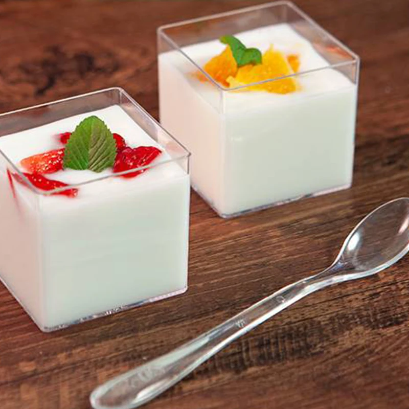Mini tazas cuadradas de plástico transparente para postre, 10 piezas, aperitivo, aperitivo, helado, Mousse
