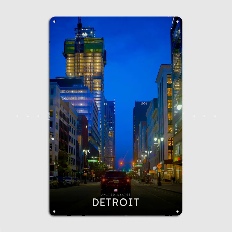 Detroit Cityscape at Night Metal Custom Sign Living Room Wall Indoor Decor Room Decoration Bedroom Posters Home Decor