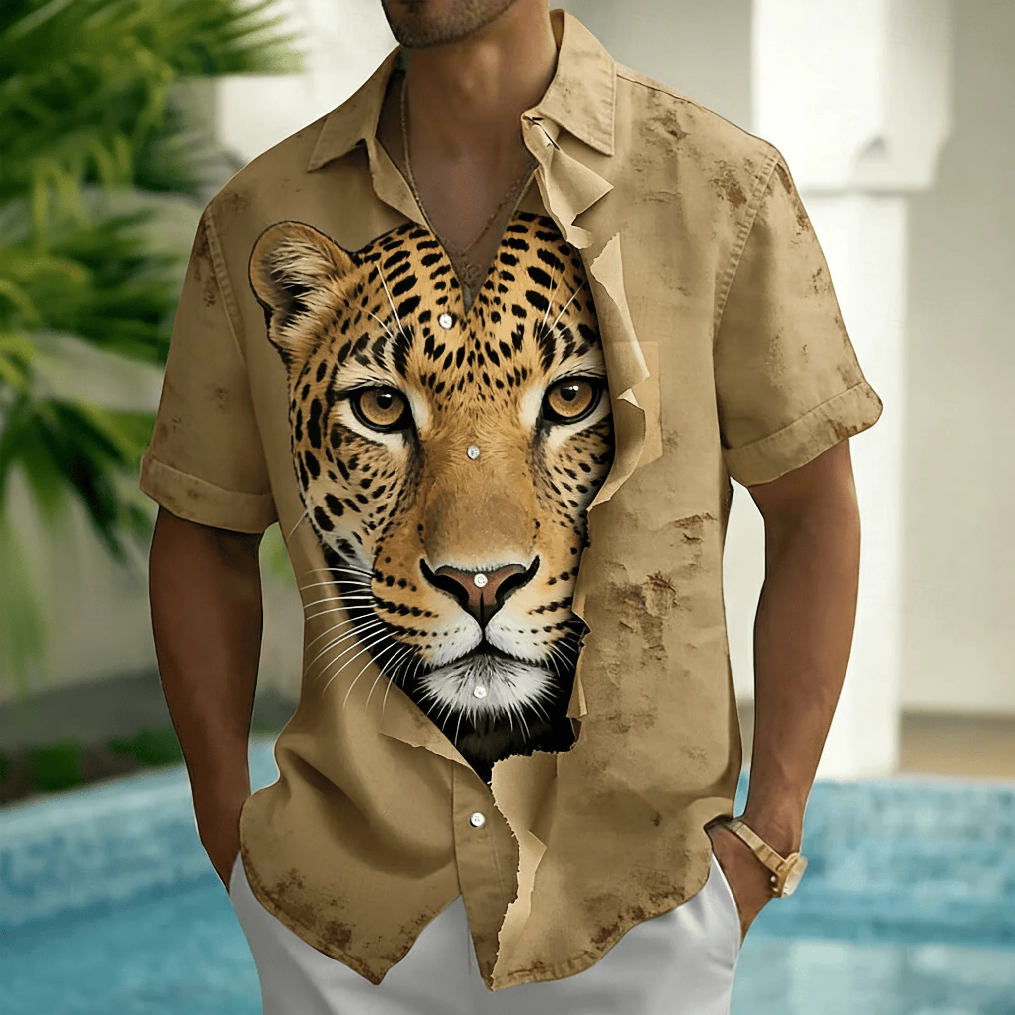 

Men's 3D Leopard Head Print Short Sleeve Shirt, Faux Torn Paper Effect Animal Design Button Down for Spring Summer Casual