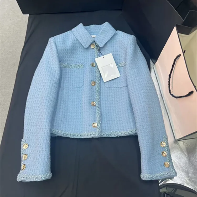

Customization European women's fashion 2026 spring new style Long-sleeved lapel blue single-button tweed coat plus skirt set