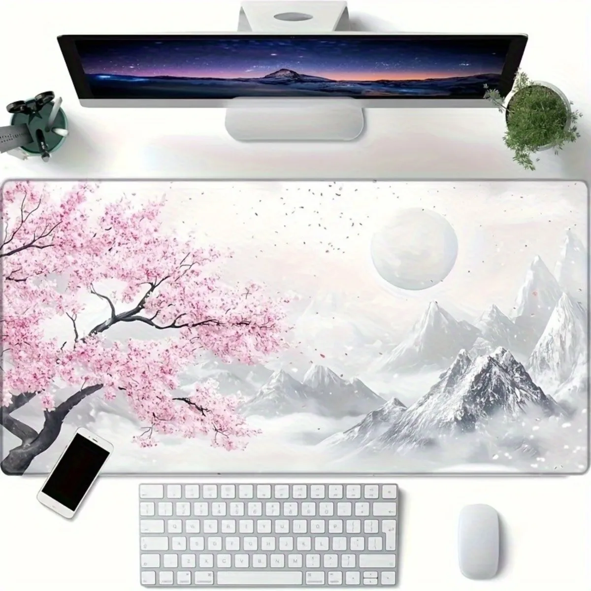 Serene Cherry Blossom Snow Mountain Rubber Mouse Pad Durable Non-Slip Base Large Desk Mat for Home Office and Gaming